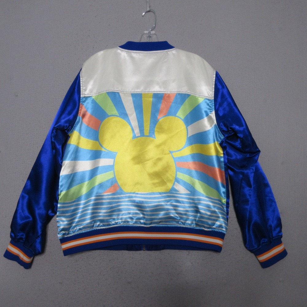 Disney Jacket Varsity Large Mickey Mouse Sunburst Cheer Zip Satin Blue Full Zip